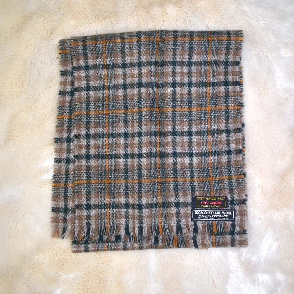 Vintage Shetland Wool Scarf Plaid Brown Green Made In Scottland